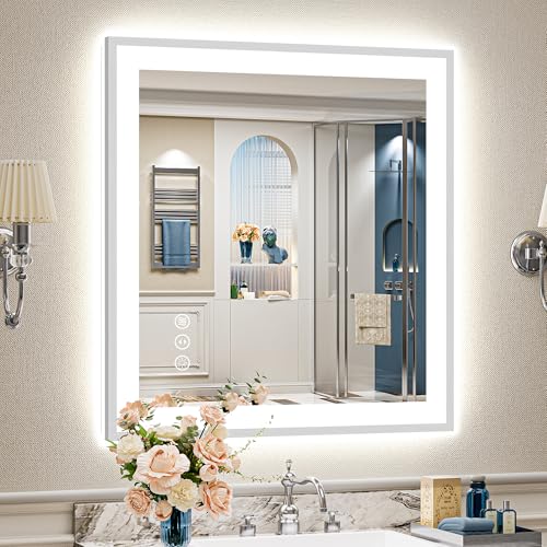 Image of 28x32 Brushed Nickel LED Bathroom Mirror with Lights, Backlit & Front-Lit, Anti-Fog, Framed Lighted Vanity Mirrors for Bathroom Wall, Dimmable, 3 Colors, Memory, Shatter-Proof, Tempered Glass