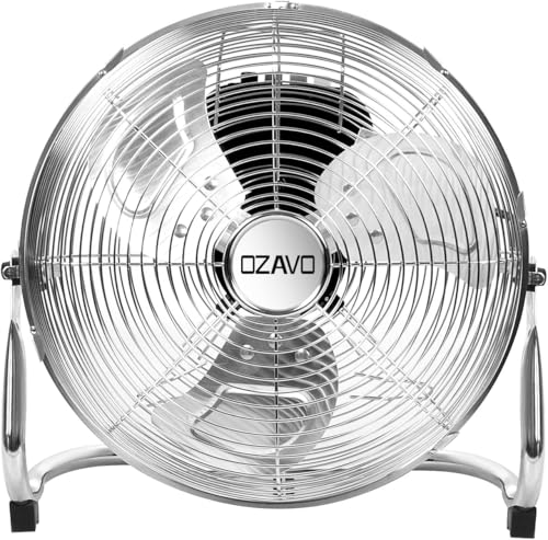 OZAVO Ventilador de Suelo Cromado Industrial 61CM, 110W, 3 Velocidades, 3 Aspas Metálicas, Motor de Cobre, Cabezal Inclinación Ajustable, Portátil para Hogar, Oficina, Gimnasio, Fábrica, Garaje