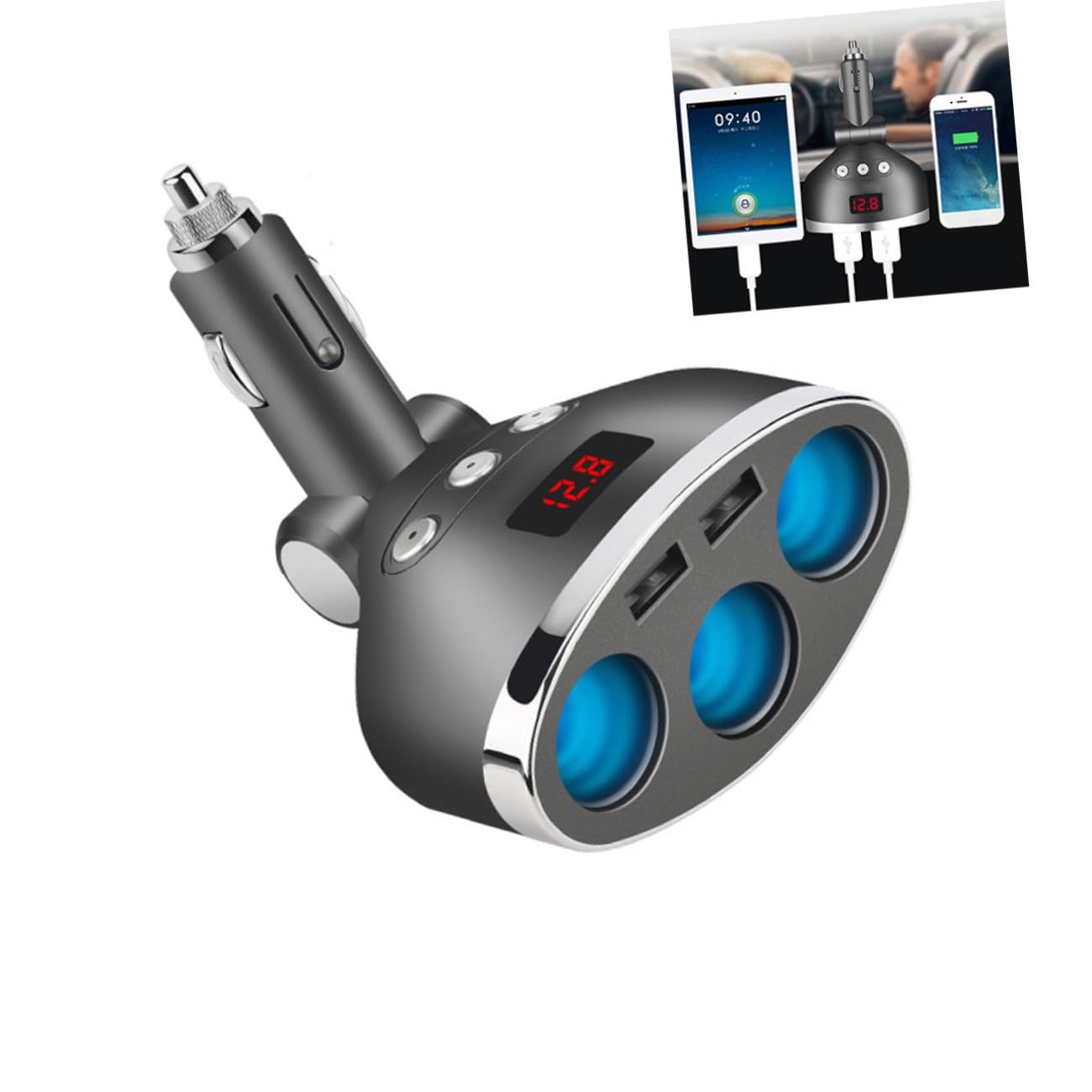 ULTECHNOVO 2piezas Cargador De Coche Enchufes con Puertos USB y Adaptador Mechero para Dispositivos Móviles Pantalla Led De Voltaje Carga Rápida para y Negro