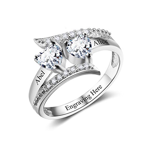 Personalized 2 Simulated Birthstones Engagement Promise Ring For Her Couple Friendship Rings for Women (Silver, 7)