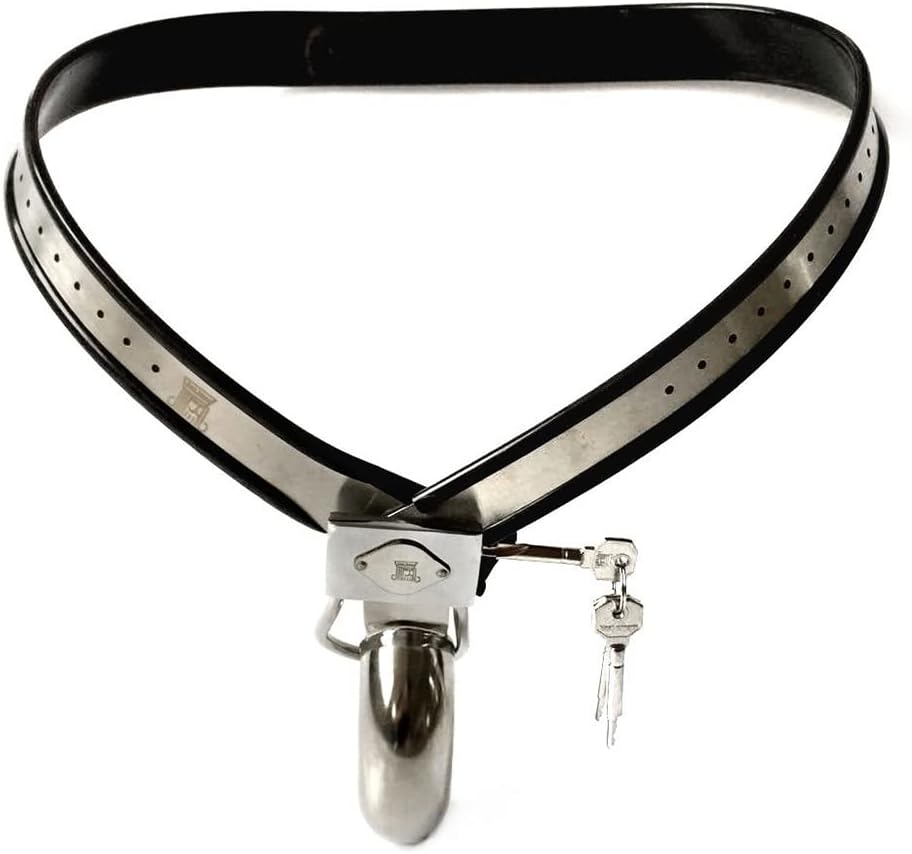 Male Chastity Device Fully Locking Stainless Steel Chastity Belt Set Silicone Lining 6cm Cock cage Black SM-022 (Waist 90-110cm)