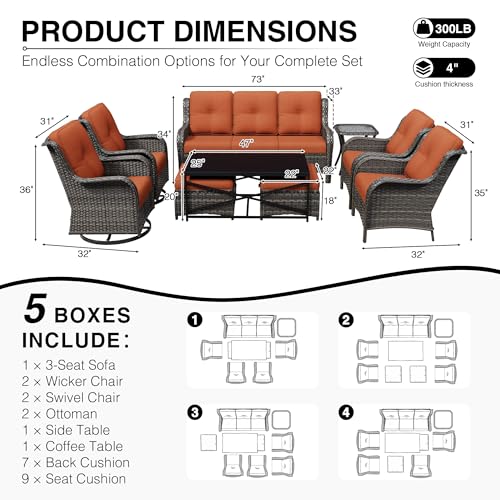 Image of Joyside 9 Piece Wicker Patio Furniture Set, Outdoor Swivel Rocker Patio Chairs with High Back, Deep Seating, Wide Armrest, Thickened Cushions, Outdoor Furniture for Deck, Porch Use