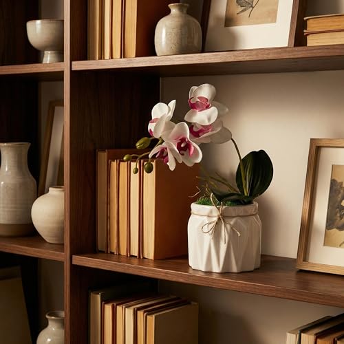 Image of Dekorly Artificial Lavender Plant in White Pot, 18cm - Realistic Faux Flower Arrangement for Home & Office Decor (Set of 1) (1, White Orchid)