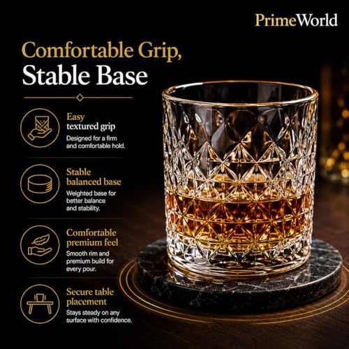 Image of PrimeWorld Diamond European Design Crystal Whiskey Glasses Set of 6 pcs- 300 ml Bar Glass for Drinking Bourbon, Whisky, Scotch, Cocktails, Cognac- Old Fashioned Cocktail Tumblers