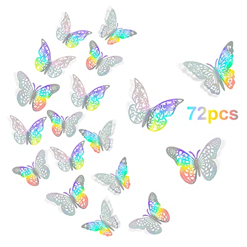 InsuWood 3D Butterfly Wall Decor, 72 Pcs, 3 Styles, 3 Sizes, Silver Butterflies for Party, Birthday, Cake Decorations, Removable Stickers for Wedding Room Flower Decor