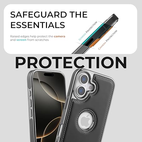 Image of PULOKA Chrome Leather Back Case - Compatible with iPhone 16 - Luxury Bumper Case - Flexible Vegan Leather - Electroplated Sides & Logocut - Full Camera Protetection & Raised Edges - Black