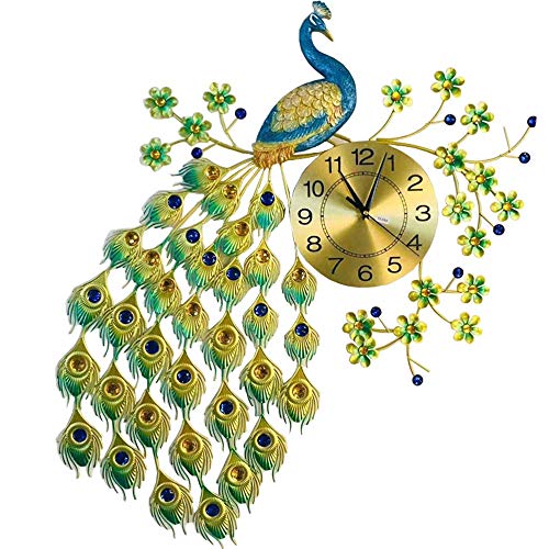 Image of RONTENO Metal 3D Peacock Big Size Analog Wall Clock For Home (Gold Blue, 32 Inches X 24 Inches) - Birds Theme