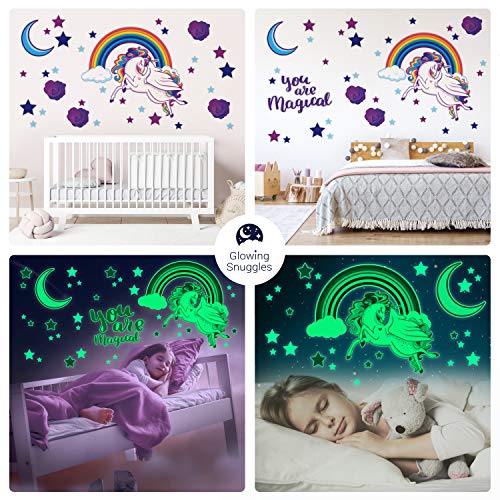 Glowing Snuggles Glow In The Dark Decals - Large Unicorn Rainbow Stars Moon Wall Sticker Set For Kids -Unicorn Bedroom Decor For Girls - Unicorn Gifts For Girls (12/7 New & Improved Glow And Stick) #TOP1