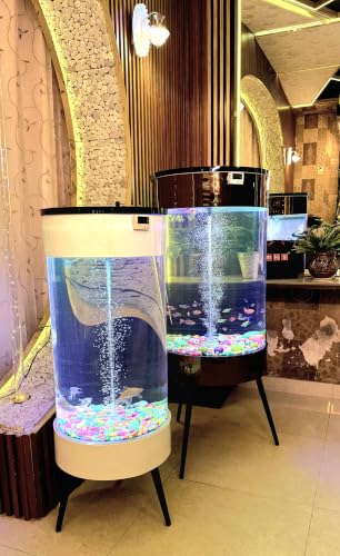 Image of MH9 100 Litre Large Smart Cylindrical Aquarium-Powerful Filter,Dual LED,Oxygen Bubble System,Water Drainage System,Switch Control,Digital Temp. Display,SS Leg Stand (42x42x114cm) Pearly White