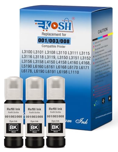 Image of KOSH 001 /003 /008 Refill Ink Compatible for Epson L3110, L3150, L3250, L3252 L3115, L3116, L3101, L3210, L3215, L3216, L3151, L3152, L3156, L5190 Printers (001 /003 /008 BK 70m x 3)