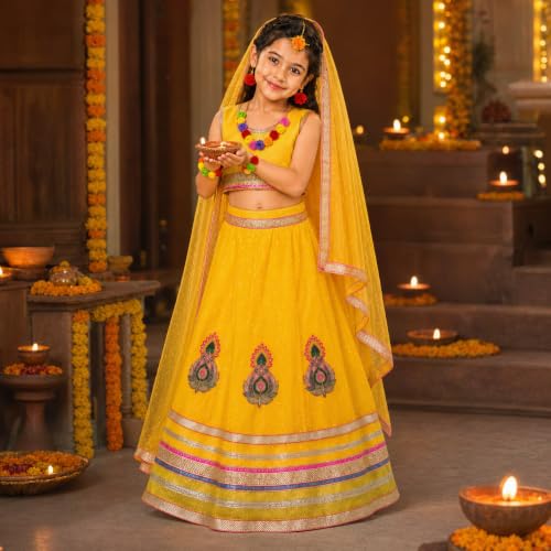 Image of Sarvda Krishna & Radha Dress for Kids - Complete Janmashtami Costume Sets with Dhoti /Lehenga, Mukut, Mor Pankh, Bansuri & Accessories | Fancy Dress for Baby Boys & Girls