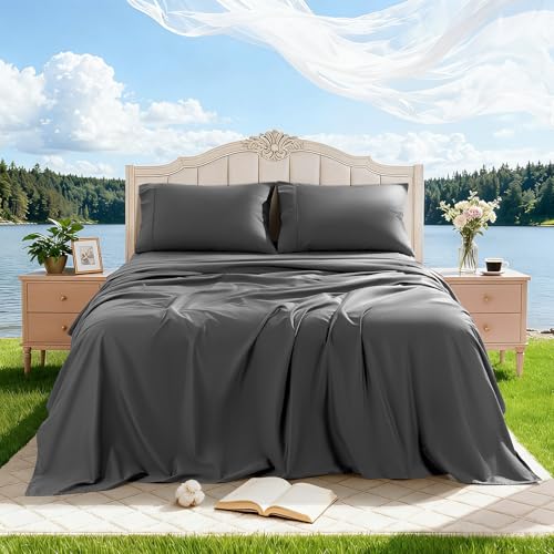 Image of 100% Egyptian Cotton Sheet Set 4 Pcs Queen Size Sheets 1000 Thread Count Breathable Soft Bedding Set Fitted Sheet with 16 inch Deep Pocket (Queen, Dark Gray)