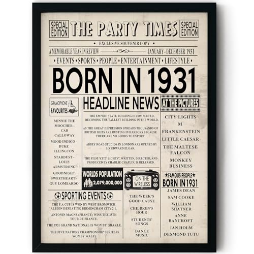 Stuff4 Póster enmarcado de 94 cumpleaños - Nacido en el periódico de 1931 - Regalos de feliz cumpleaños 94 para hombres y mujeres, vintage, retro, en 1931, 8 x 10 pulgadas, noventa y cuatro cumpleaños