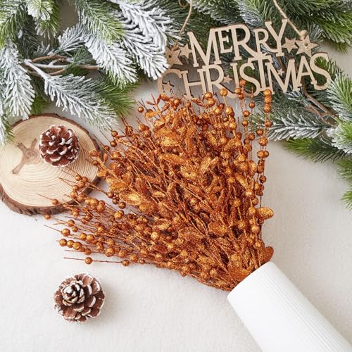 CristBest 24-Pack Christmas Tree Picks Ornaments, Artificial Glitter Berry Stem Glittery Twigs Ornaments for Christmas Tree Decorations, Small Vase, Holiday, Wedding, Party Decorations (Orange) - image 3