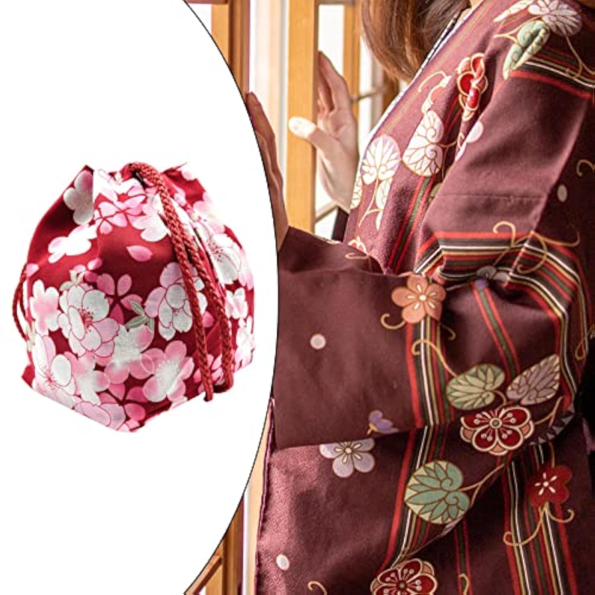 Japanese Drawstring Bag Purse, Red Cherry