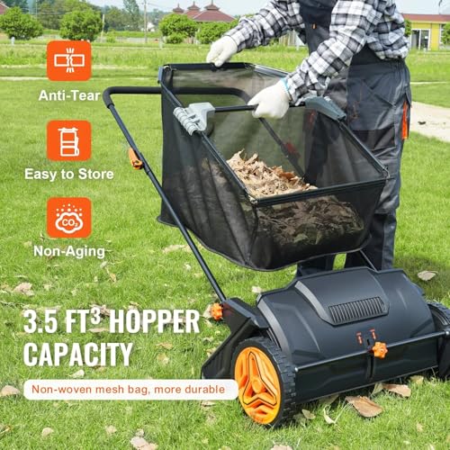 HMKJHL Push Lawn Sweeper,21inch Leaf & Grass Collector,Strong Rubber Wheels & Heavy Duty Thickened Steel Durable to Use with Large Capacity 3.5 cu. ft.Mesh Collection Hopper Bag,2 Spinning Brushes,B&O