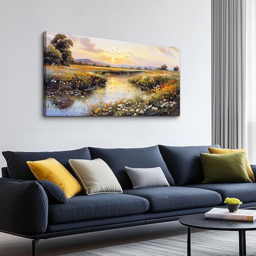 PHAOHUAXM Canvas Wall Art For Bedroom Wall Decorations For Living Room Office Decor Rivulet View Painting Farmhouse Field Scenery Watercolour Pictures Printing Artworks Wall Home Decor 20x40 In