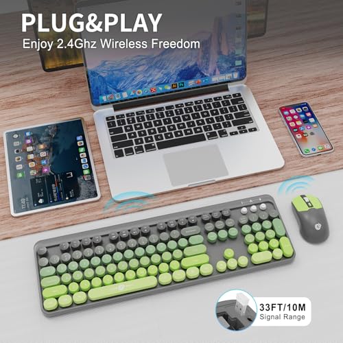 Image of FD Wireless Keyboard and Mouse Combo | Cute Colorful Keyboard and Mouse with 2.4GHz Cordless Retro Typewriter Keyboard | Auto-Sleep | USB Receiver for Windows PC /Laptop - Grey Green Gradient