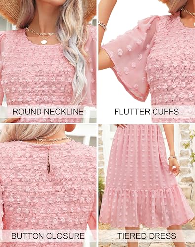 Image of Kranda Women 2025 Summer Spring Round Neck Flutter Short Sleeve Casual Swing Flowy Ruffle Smocked Swiss Dot Midi Dress