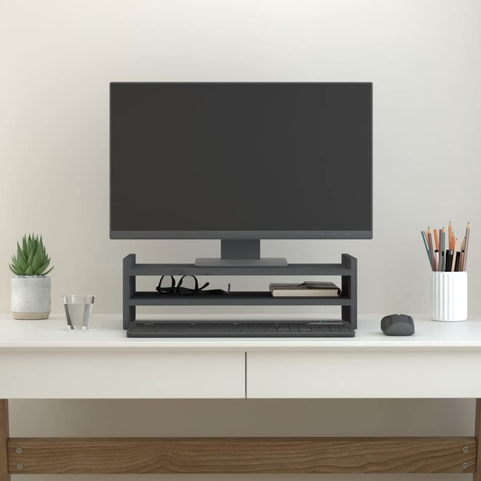Gecheer Supporto per Monitor Grigio 50x27x15 cm Legno Massello di Pino-PLT1928