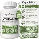 300mg L Theanine Capsules OrganiMAXX. Highest Potency Single Capsule L-Theanine Supplement. 120 Count L'theanine For Anxiety Relief, Stress Relief, Sleep Support And Relaxation. Made In Canada, GMO Free, Gluten Free & Vegan Friendly