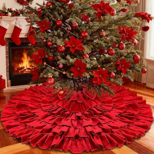 yuboo Large Red Ruffle Tree Skirt 48", Rustic Farmhouse Wedding Decorations, Tiered Fluffy Tree Skirt for Engagement Party & Mother Day Holiday Decor