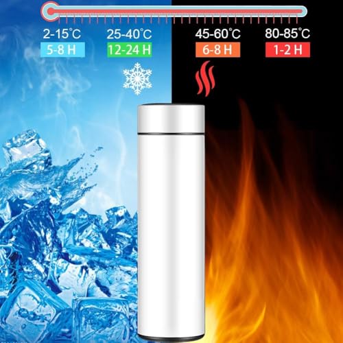 Image of Stainless Steel Smart Water Bottle with LED Temperature Display Double Wall Insulated Leak-Proof Flask Keeps Drinks Hot /Cold for 24 Hour (500ml) (White)