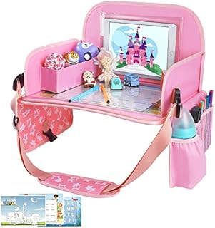 MENZOKE Kids Travel Tray for Toddler Car Seat, Lap Tray for Girl Activities with Dry Erase Board & Cooler Cup Holder, Road Trip Essentials Accessories with No-Drop Large Tablet iPad Holder Stand,Pink