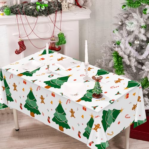 Image of Hxezoc Disposable Plastic Christmas Tree Tablecloth, 54 x 108 Inches Christmas Party Table Cover for Xmas Winter Holiday New Year Home Dinner Decorations