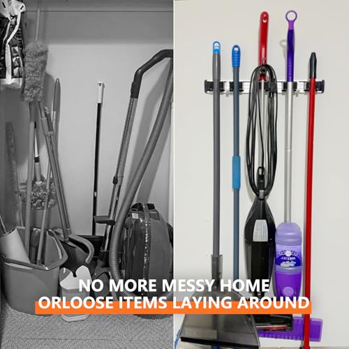 Image of reliahom Broom Holder Wall Mount Mop Hanger Tools organizer 4Racks 5Hooks | Adjustable Mop Broom Wall Hanging Heavy duty Tools Storage Rack Space-saving for Garage,Kitchen,Laundry Room,Garden, Black