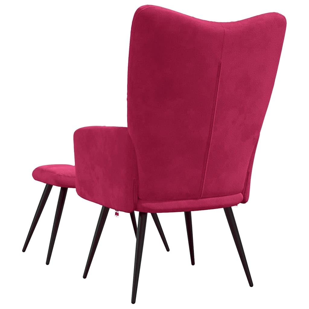 Sillón de relax con taburete de terciopelo, color rojo vino | Elegante sillón con reposapiés para dormitorio y rincón de lectura. Acolchado de espuma gruesa en marco de acero.