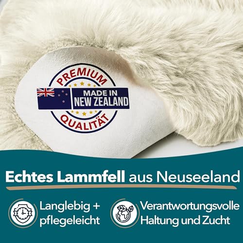 KARAT Lammfell echt - Ivory Flauschige Stuhlkissen Schaffell Deko Teppich für Wohzimmer & Kinderzimmer, Sitzauflage, Dekofell, mit Lederrücken 90x60 cm (Audrey)