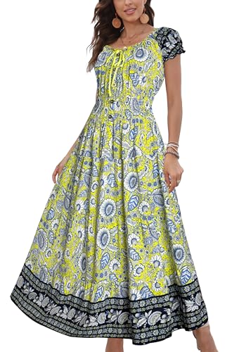 Image of Women's Boho Floral Maxi Dress, Short Sleeve Smocked Tiered Summer Casual Beach Dress