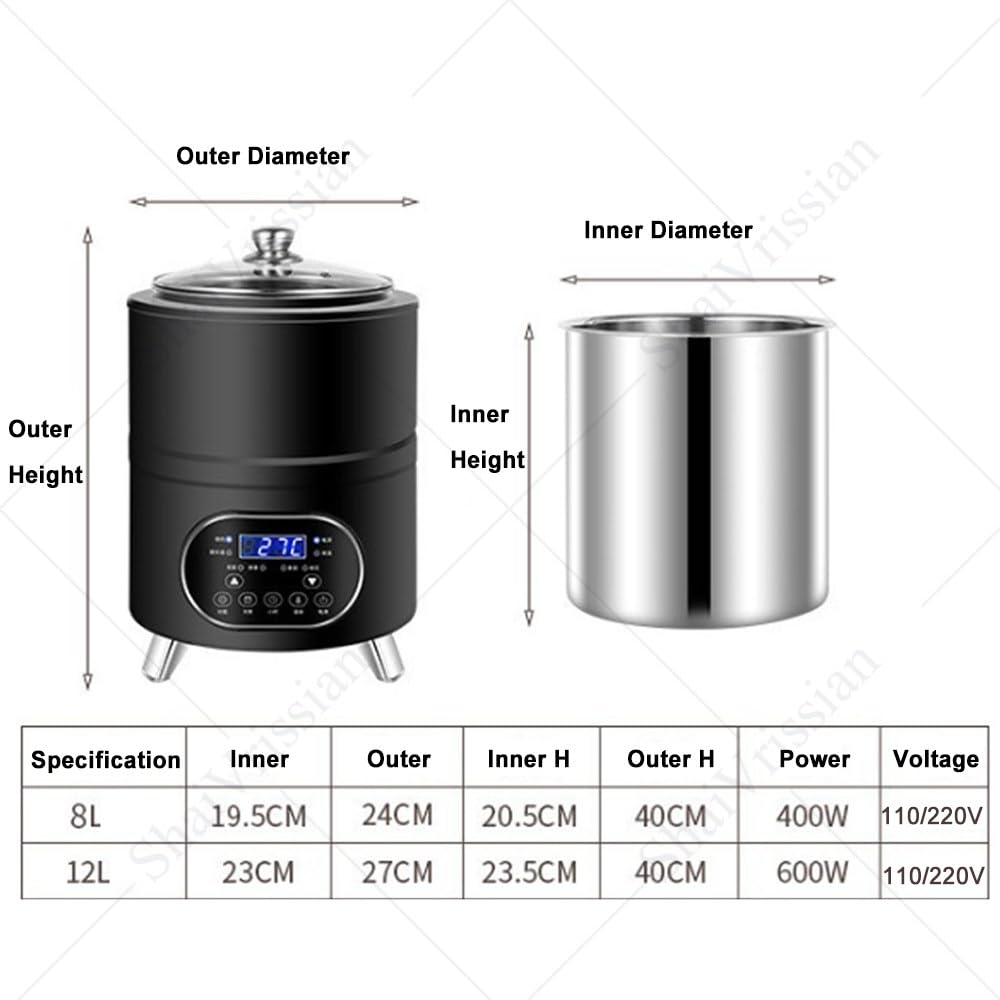 Yogurt Maker Multifunzione con Display LED Black-8L | 8l/12l,Fermentazione Costante,Lisci E Senza Sbavature,Acciaio Inox,Yogurt,Aceto Di Frutta,Natto,Ristorante,Famiglia