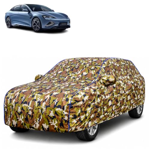 Image of Waterproof Car Body Cover for BYD Seal with Mirror Pocket| Cotton Inner Lining | Triple Stitched | All Weather Protection | Dust, UV & Rain Proof (Camouflage with Blue Piping)
