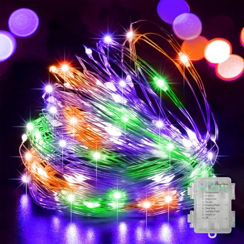 LAMPHOME 100 LED 33FT Halloween Fairy Lights Battery Operated with Remote Mini Starry String Lights Multi Functions & Timer Twinkle Light for Home Bedroom DIY Centerpiece Decor Orange Purple Green