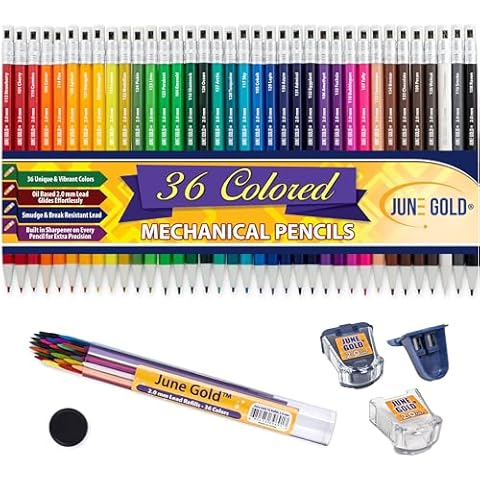 June Gold 36 Assorted Colored 2.0 mm Mechanical Pencils with 36 Unique Color Leads, 36 Extra Refills, 2 Independent Sharpeners, Color Name is Printed on Each Pencil Barrel, Built in Rear Sharpener Cover