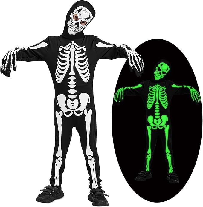 Lozzzyo Disfraz Esqueleto Niño,Disfraz Halloween Niño con Motivos de Esqueletos y Calaveras Que Brillan en la Oscuridad, Disfraces Halloween Niños para Carnaval, Fiestas Temáticas. (7-8 años)