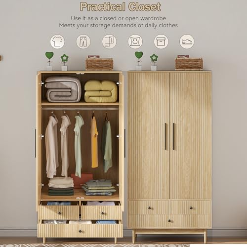 Mxtxmy Armoire Wardrobe Closet with 2 Fluted Doors,64.96" Wooden Clothes Storage Cabinet with Hanging Rod and Shelf Storage,Wardrobe Cabinet with 3 Drawers,Freestanding Closet for Bedroom (Natural) - Thumbnail 3