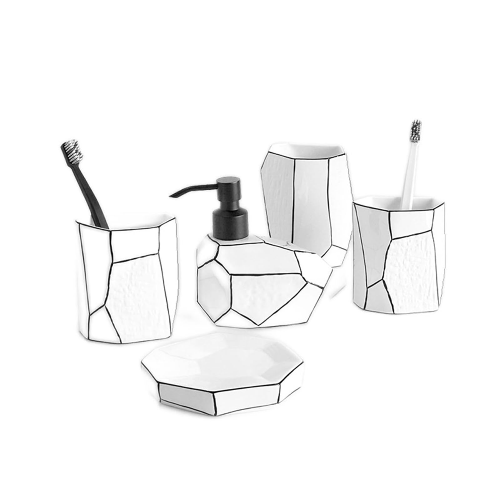 Set da bagno in ceramica bianca da 6 pezzi con design geometrico, dispenser di sapone in stile semplice e portaspazzolino Set da bagno(One Size)