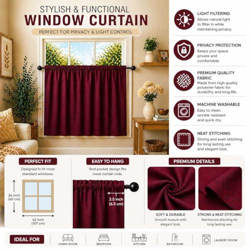 Image of Valance Blackout Rod Pocket Pattern Curtain Pack of 1 Piece, Kitchen Curtain | 3 Feet - Maroon