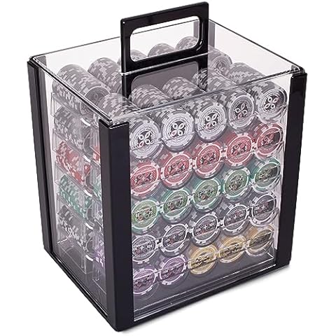 Brybelly Poker Chips 1000 Chips Set with Acrylic Case - Heavyweight 14g Poker Chips Set with 10 Removable Trays and 11" x 12" x 15" Portable Case - 8 Stripe Textured Inlay Casino Chips Cover