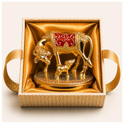 Image of 24k Gold Plated With Hand-Painted Mina Kamdhenu Cow with Calf | Attracts Prosperity | Vastu Gift Housewarming | Certificate of Authenticity | Luxury Gift Box Included (Gold Mina, 2.5 Inch)