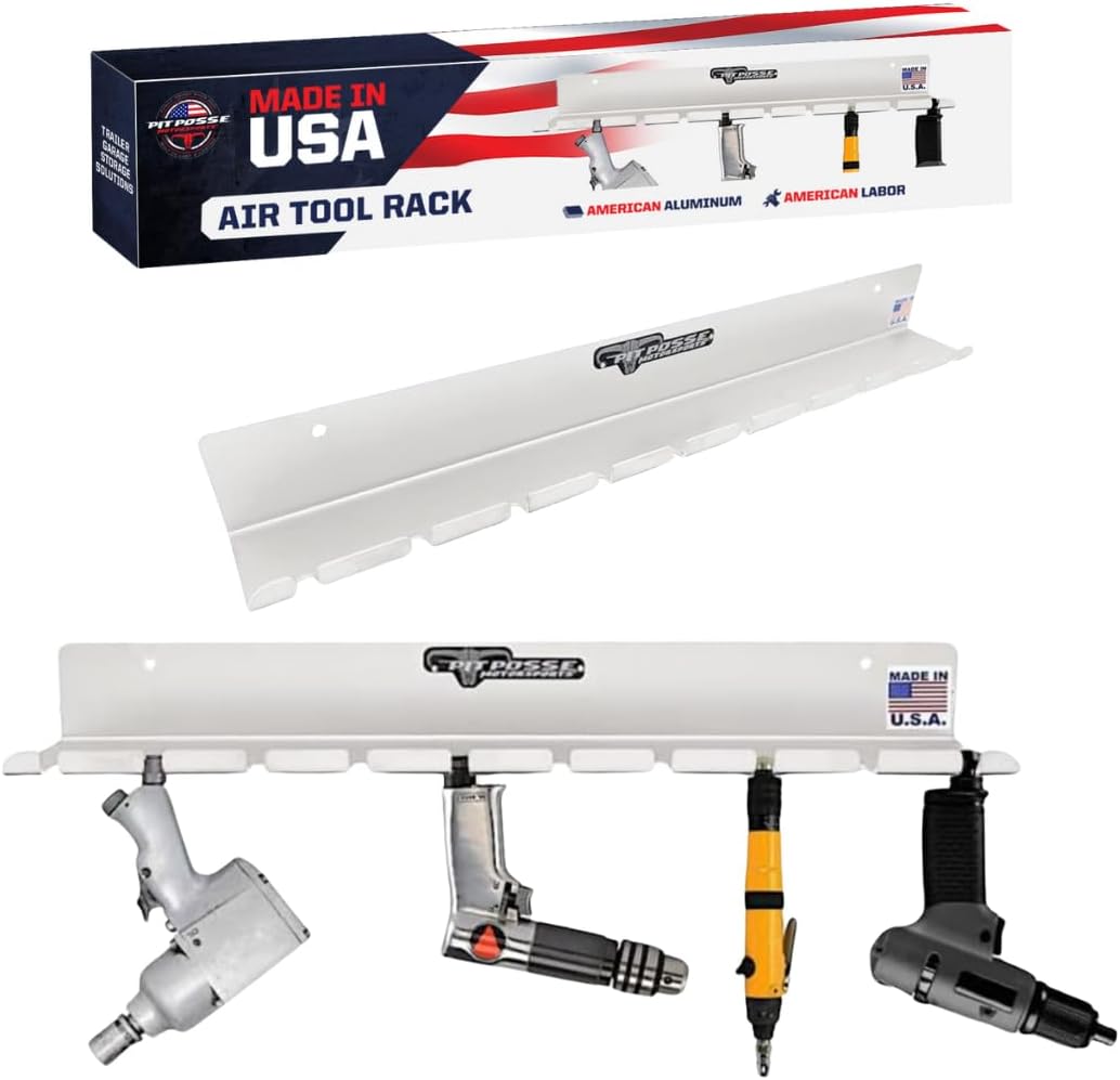 Pit Posse PP3359A Air Tool Pneumatic Rack Holder and Air Hose Hanger Combo- Made in USA- Aluminum Tool Organizer for Garage Trailer Workspace-Toy Hauler-Snowmobile-5th Wheel-Holds Up to 10 Air Tools