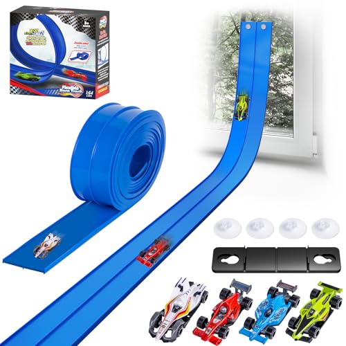 15 Ft Flexible Race Car Track for Kids, Double-Sided Racetrack for 1:64 Diecast Cars Toys, Rolls Up Portable Race Tracks with 4 Car & Suction Cups, Birthday Gifts for Boys Girls Ages 3-5 5-7, Blue