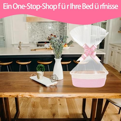 Geschenkkorb Leer, Aufbewahrungskorb Mit 1 Geschenktüten & Bändern - Geflochtener Baumwollkorb Als Präsentkorb Für Geburtstag, Hochzeit, Babyparty, Weihnachten - 1er Set (Rosa)