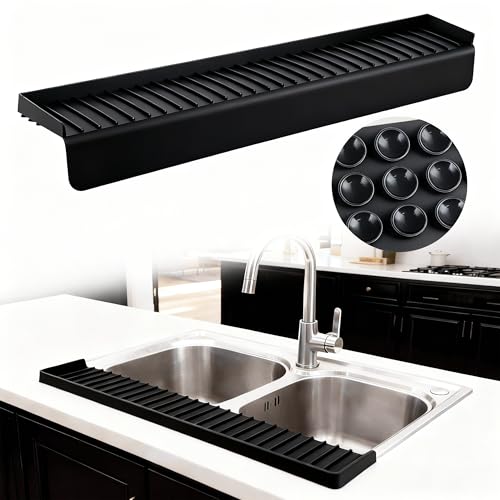 Silicone Sink Edge Protector Splash Guard Sink Granite Edge Protector 24x4 Inch with Suction Cups & 5Tilt Cuttable for Kitchen Bathroom Countertops Granite Quartz Surfaces (Black)