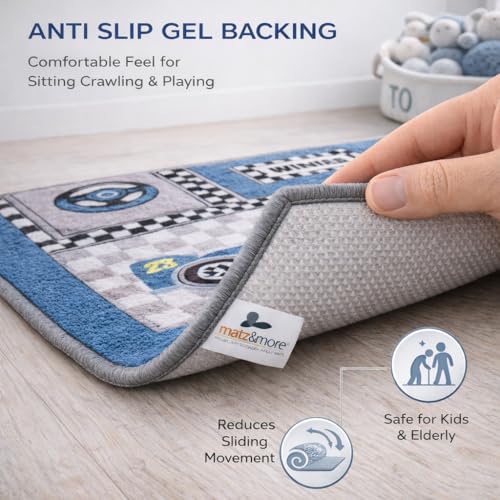 Image of Matz&More Kids Play Area Rug | 100x150 cm | Blue Grey Tiny Racer Checkered Design | Soft Nylon Loop Pile Carpet with Anti-Slip Backing | Children's Play, Bed & Classroom Floorings