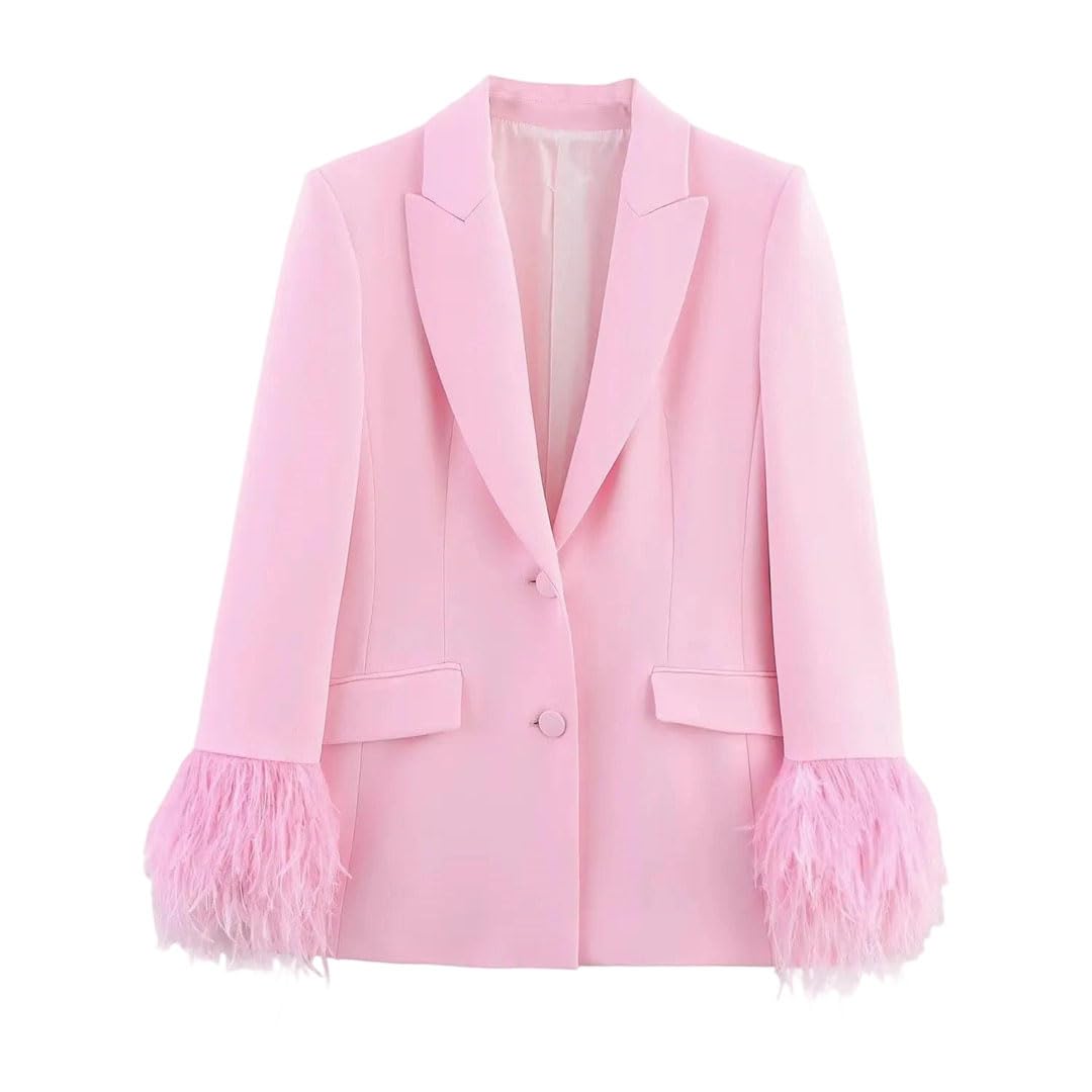 Womens Spring Elegant Solid Color Lapel Feather Cuff Commuter Dinner Suit