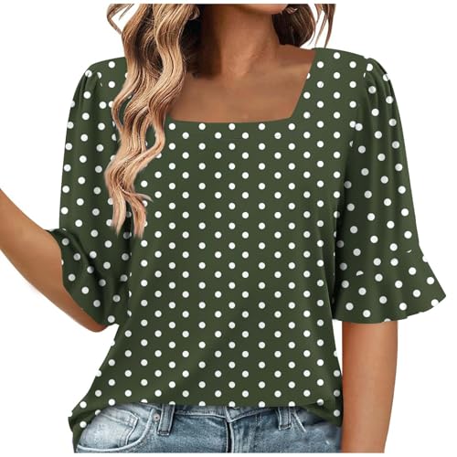 Retro Polka Dots Tops for Women Square Neck Ruffle Bell Sleeve Shirts Dressy Casual Elbow Length Sleeve Tunic Blouses Dark Green